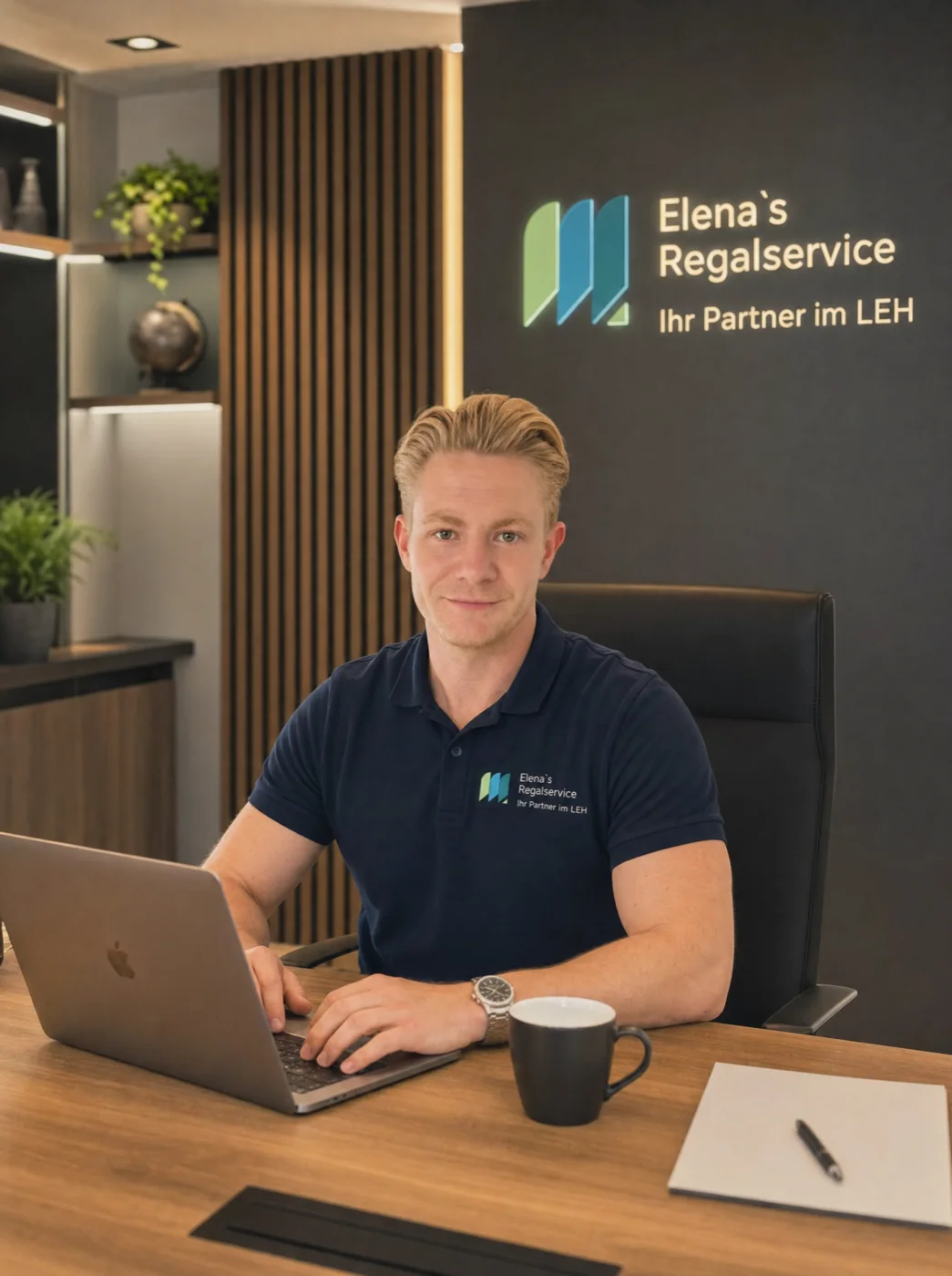 Daniel Mastakov, Betriebsleiter von Elena's Regalservice, an seinem Schreibtisch